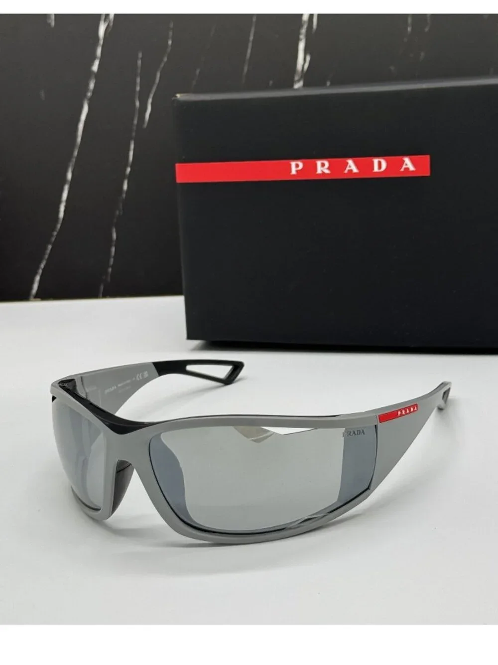 NWT Prada Linea Rossa PSA04S 13Z05A Silver Unisex Sunglasses With Fabric Chain